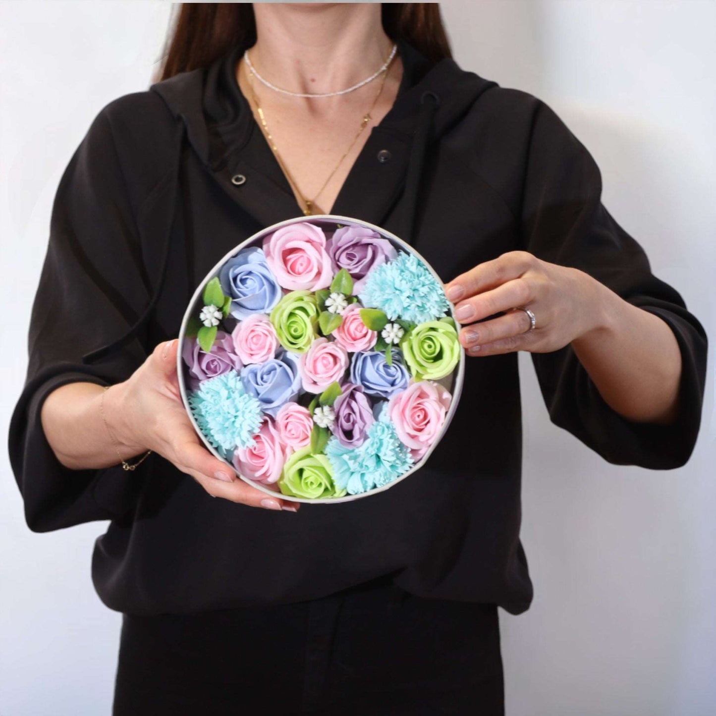 Soap Flower Gift Round Box - Baby Blessings in Blues