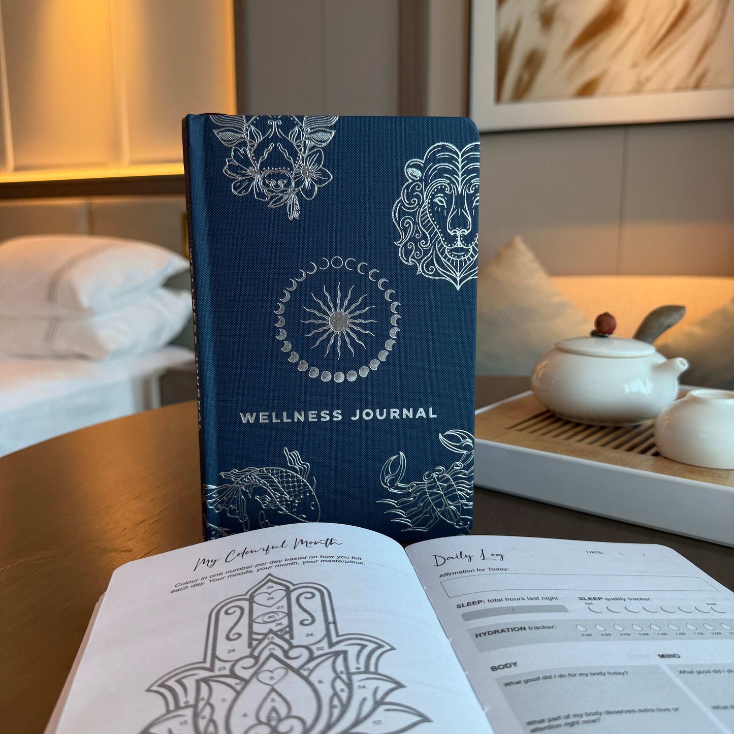 Midnight Blue Wellness Journal – Silver Zodiac (120 Pages)