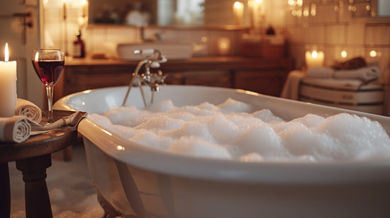 Foamy bath with a glass of wine and lit candles in a cozy bathroom setting.